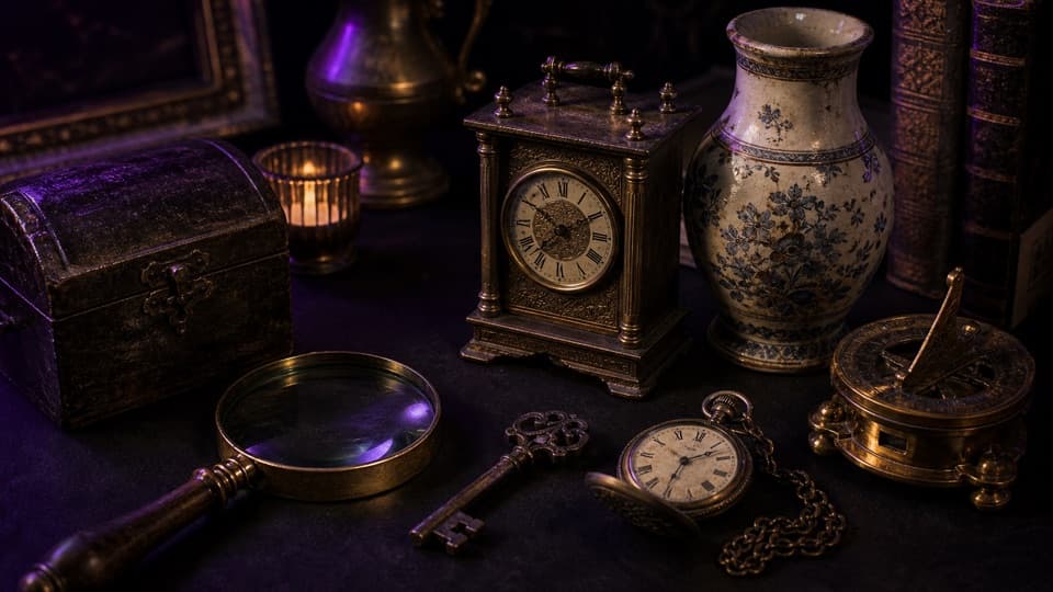 Antique carriage clock, pocket watch, vase, compass, key, and magnifying glass