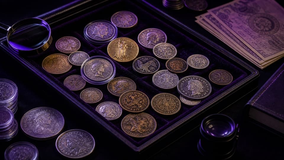 Collectible coins in a display tray with a magnifying glass, loupe, and banknotes