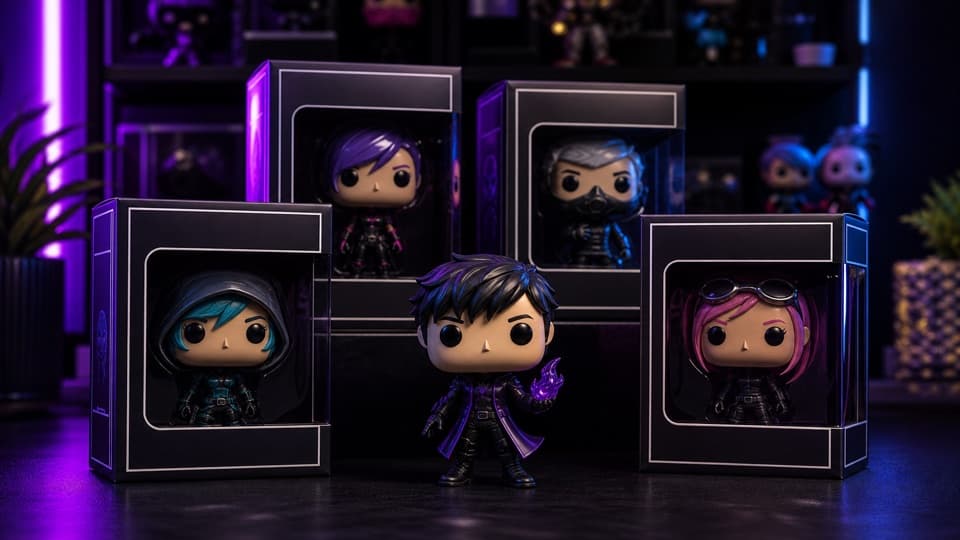 Funko Pop figures, most in their display boxes, on a collector's shelf