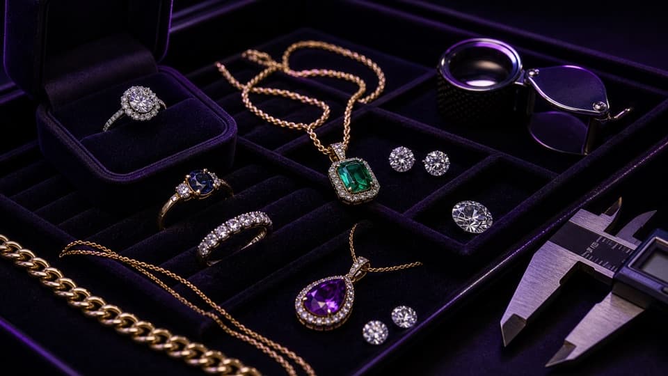 Rings, necklaces, and loose gemstones in a jewelry tray with a loupe and caliper