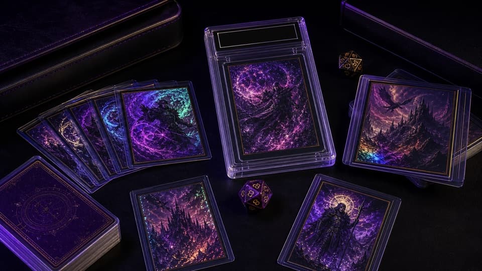 Trading cards in protective sleeves and a graded slab, with dice on a dark table