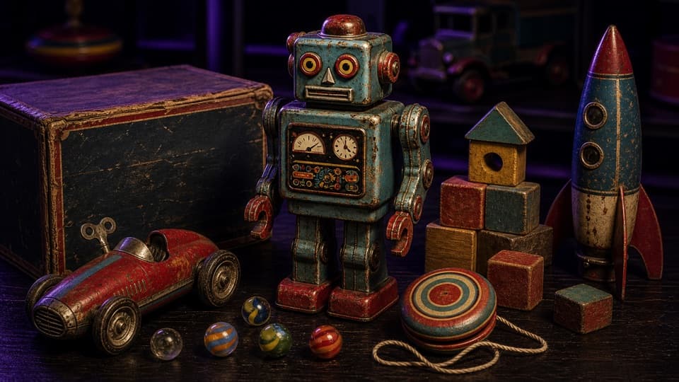 Vintage tin robot, toy car, rocket, yo-yo, marbles, and wooden blocks