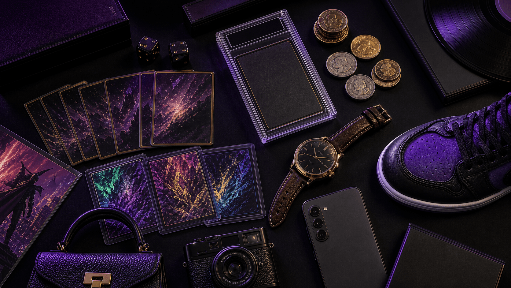 Trading cards, coins, a wristwatch, a camera, a phone, a handbag, and a sneaker arranged on a dark surface